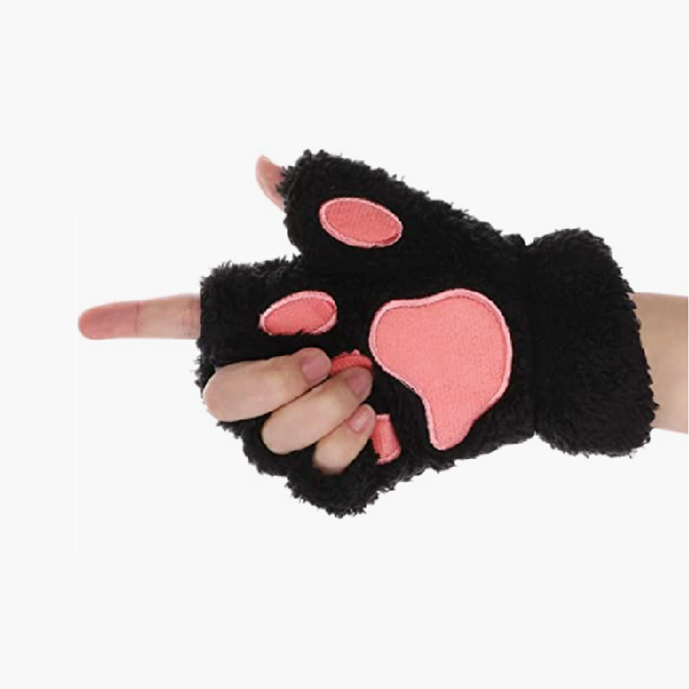 Women's warm half finger plush gloves cute bear cat dog paw gloves