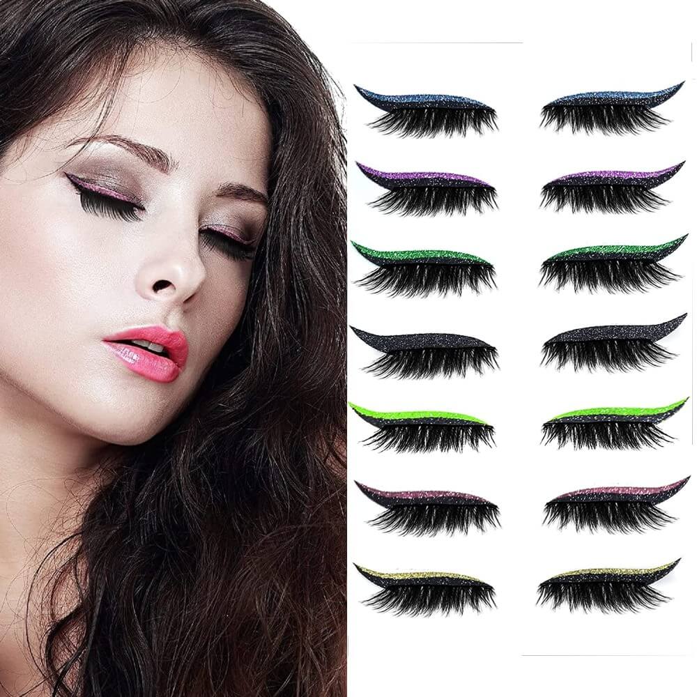 4 Pairs Reusable Eyeliner and Eyelashes Stickers 7 Colour Waterproof Easy to Wear Glitter Fake Lashes