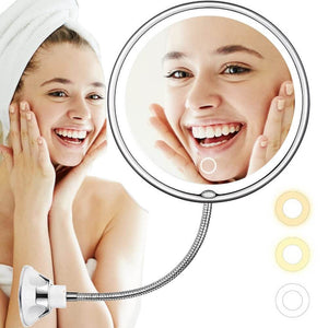 10X Magnifying Makeup Mirror Flexible Gooseneck LED Lighted Power Locking Suction Cup Bright Diffused Light 360 Degree Swivel